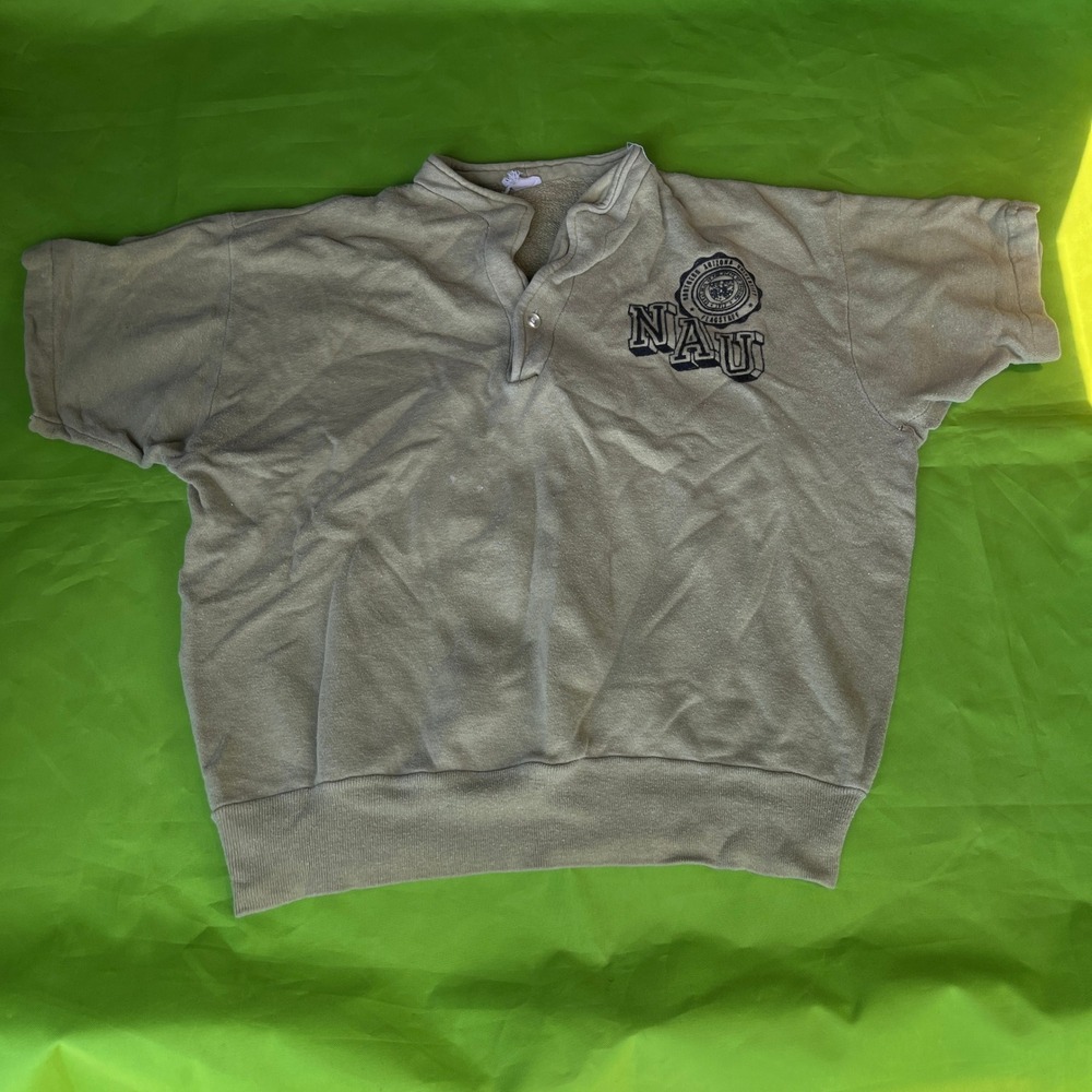 80s Vintage NAU Northern Arizona University Short Sleeve Henley Sweatshirt Tan L